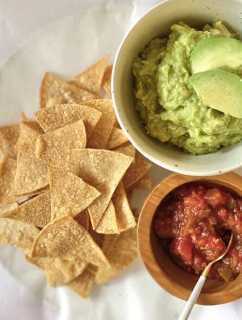 baked corn tortilla chips with guacamole and salsa