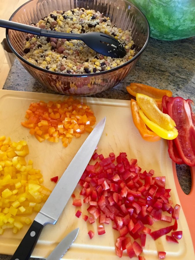 Southwest Quinoa Salad ingredients- quinoa, corn, red pepper, chives, cilantro, beans, black beans, bell pepper, peppers