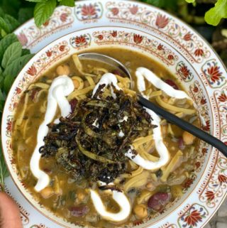 Aash Reshteh Persian Bean and Noodle Soup with Kashk or yogurt garnish and fried onion and mint topping