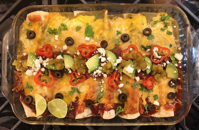 Christmas enchiladas with red and green sauce or salsa