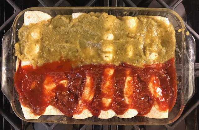 enchiladas with red and green sauce or salsa