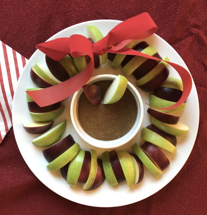 Caramel Vegan Apple Dip served with two types of sliced apples