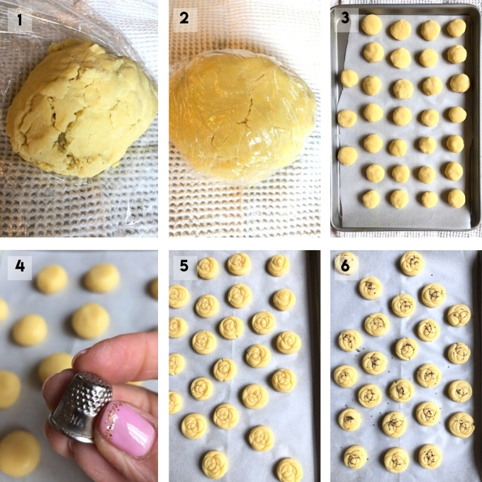 Process steps for rolling Persian cookie dough shaping and decorating before baking