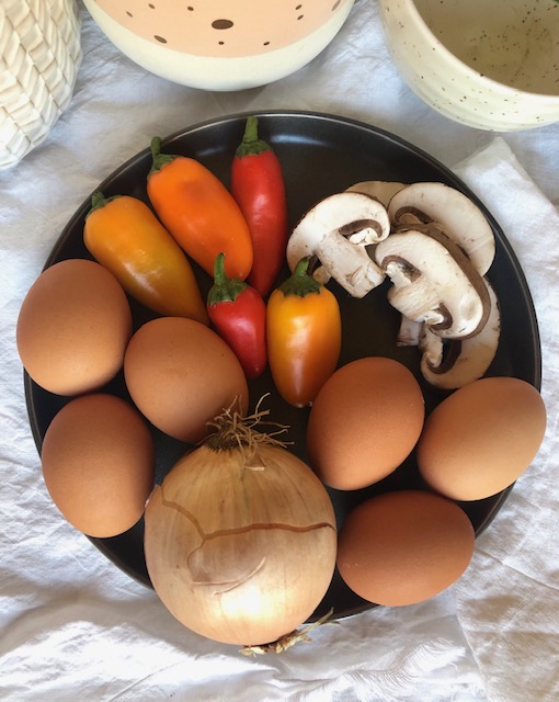 eggs, onions, bell peppers, and mushrooms