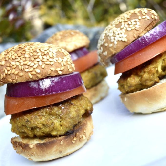 Persian Slider Kabab Burgers stacked with tomato and onion