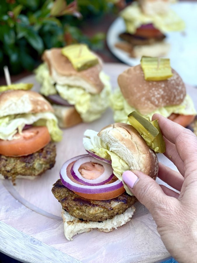 Persian Kabab Slider Hamburgers served with lettuce tomato onion and pickles