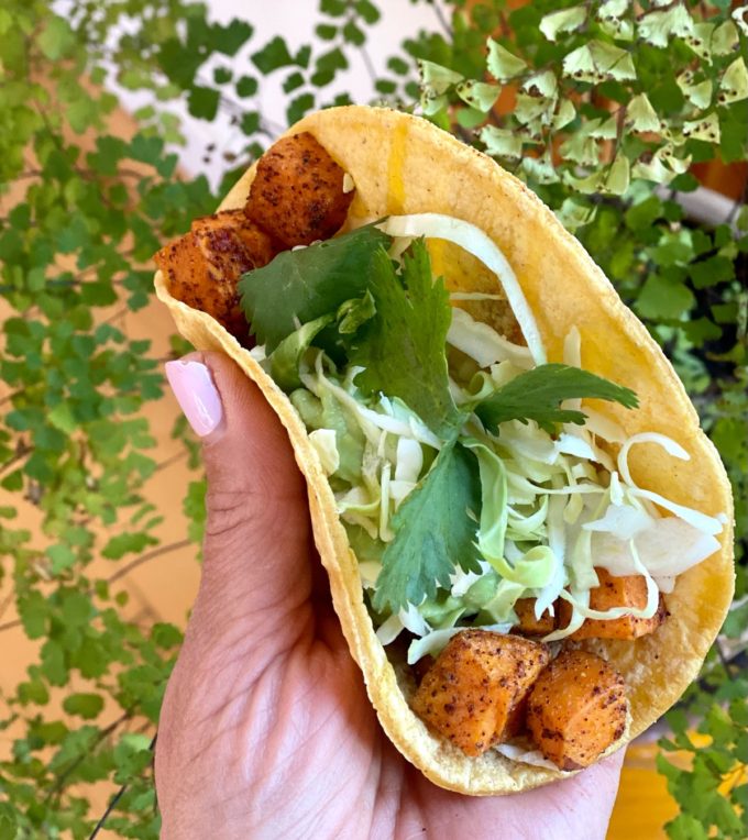 Roasted chipotle sweet potato vegan tacos with avocado aioli cabbage and fresh cilantro served in a corn tortilla