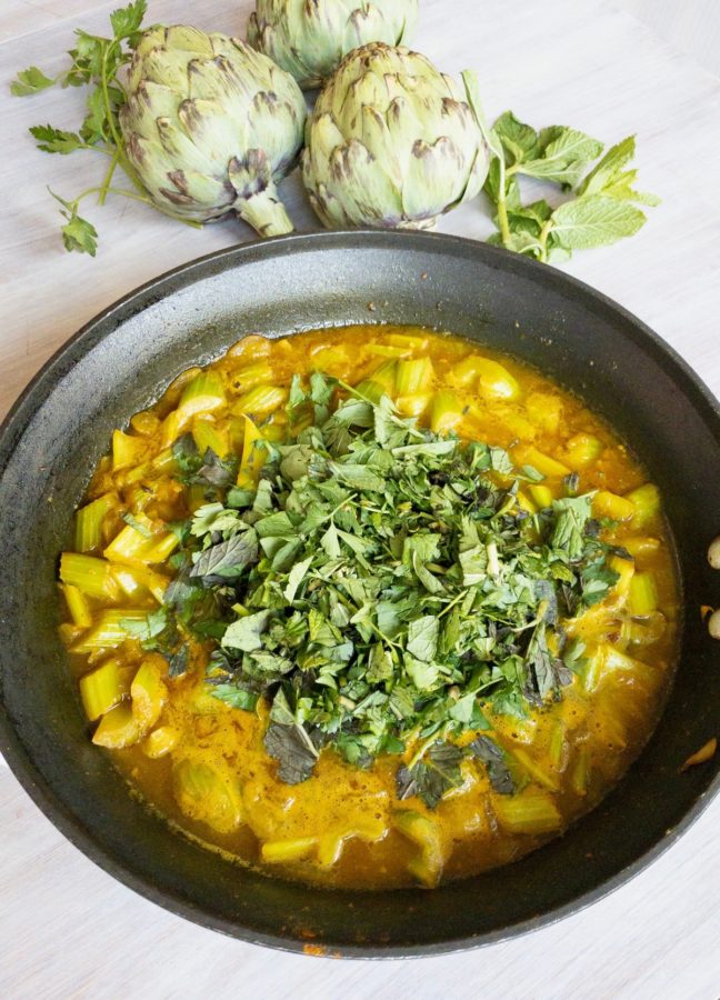Persian celery and artichoke stew with fresh mint and parsley