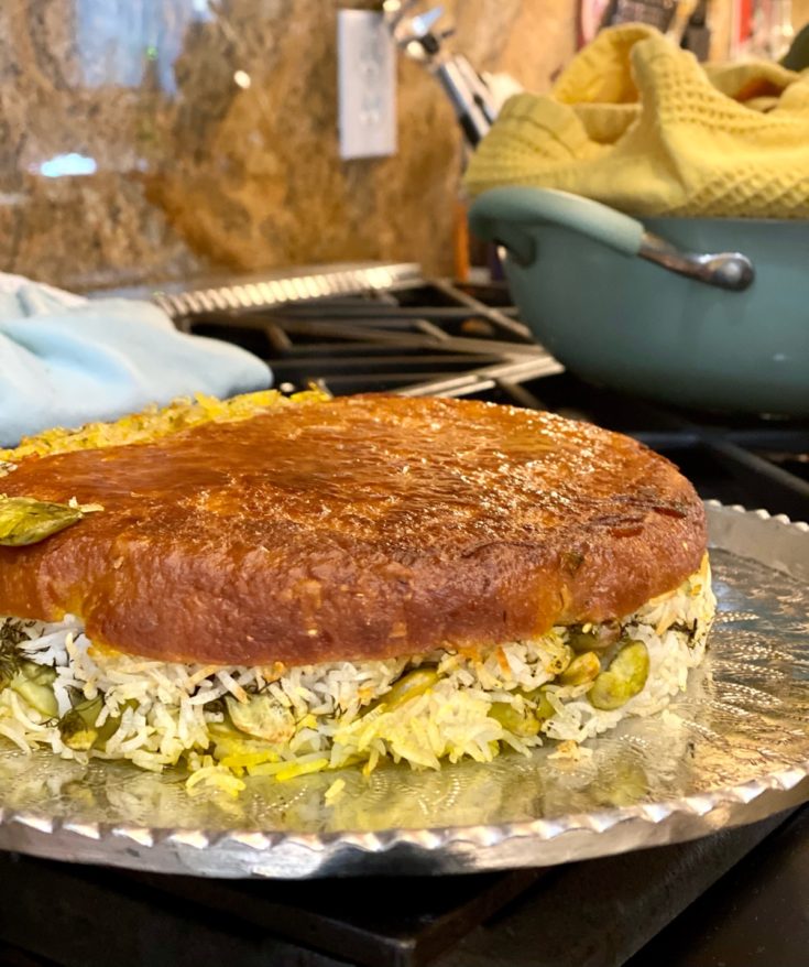 Baghali Polo Persian Fava Dill Rice with Tortilla Bread Tahdig