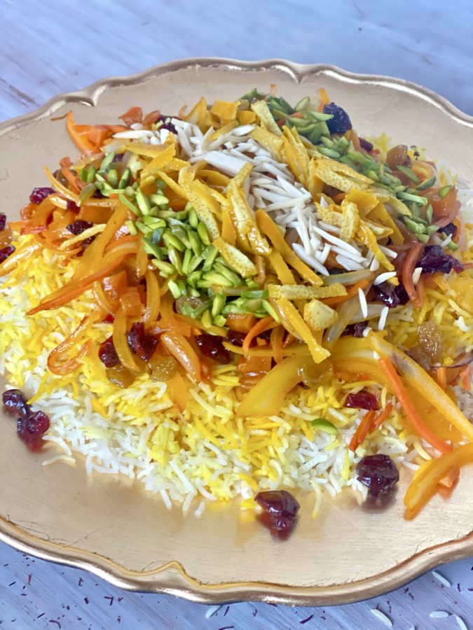 Persian Jeweled Shirin Polo Rice in a Platter