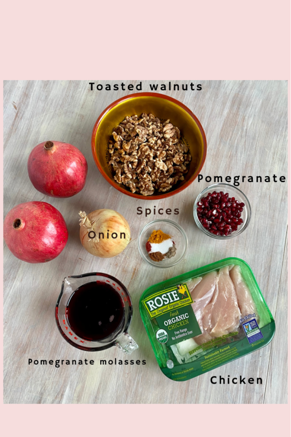 Ingredients for Khoresh Fesenjan Fesenjoon onion walnuts pomegranate molasses chicken spices