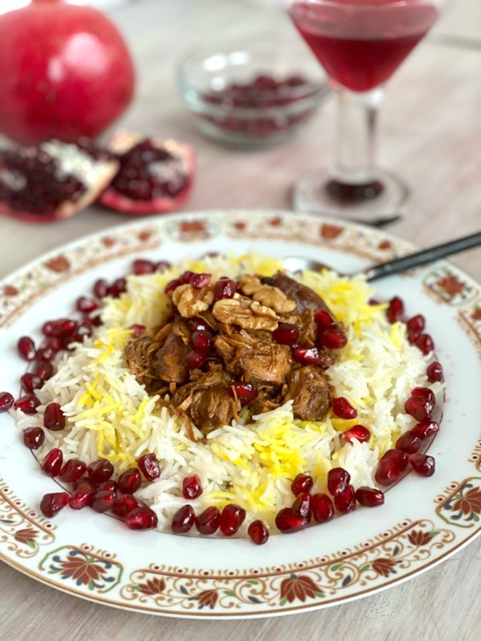 Khoresh Fesenjan | Persian Pomegranate and Walnut Chicken Stew served with basmati rice