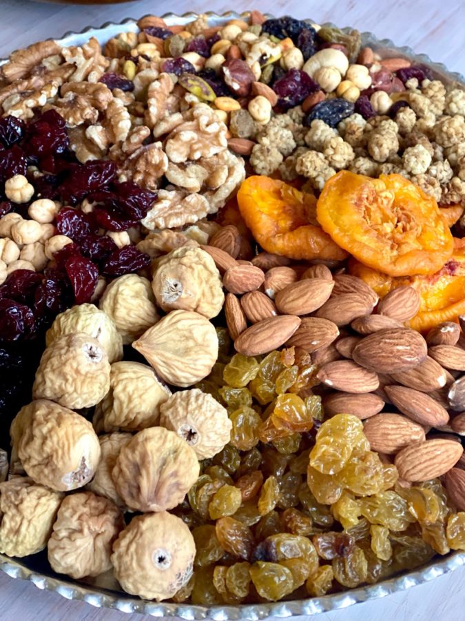 Platter of Ajeel Persian Trail Mix with pistachios almonds cashews walnuts and dried fruit