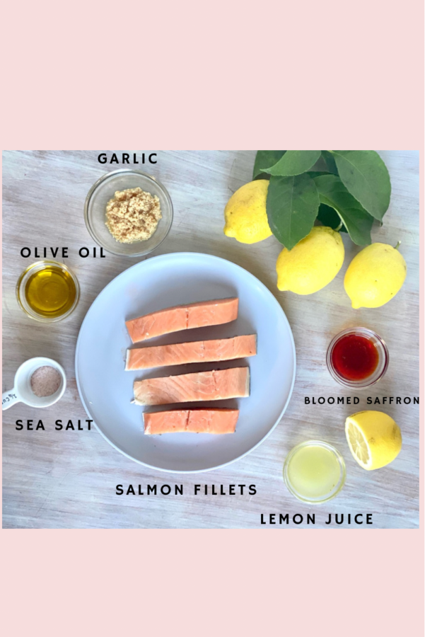 Ingredients for easy Marinated Salmon garlic, olive oil, sea salt, salmon fillets, lemon juice, bloomed saffron
