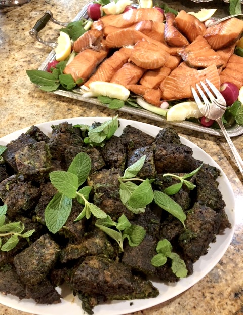 Kookook Sabzi Herb Frittata and Salmon fillets for Persian New Year Norooz