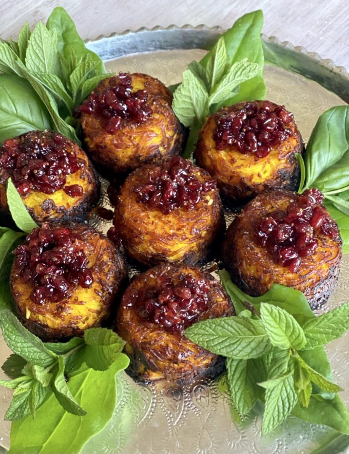 Tahcheen Baked Persian Crispy Rice Cups topped with Candied Barberries Zereshk